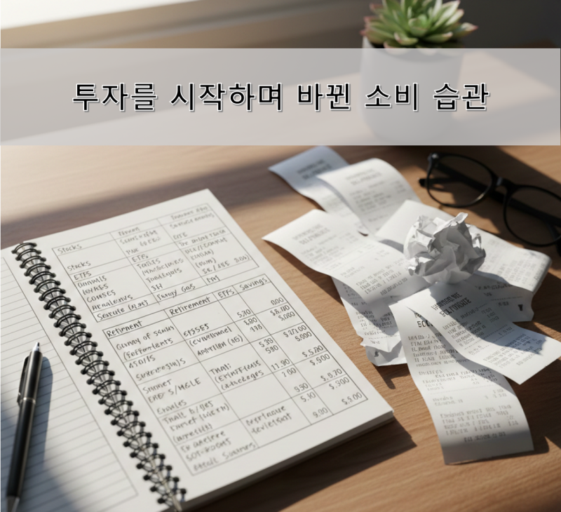 투자를 시작하며 바뀐 소비 습관을 상징하는 가계부와 노트북 이미지