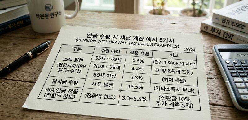 연금 수령 시 세금 계산 예시 중 연령별 세율표를 확인하는 모습