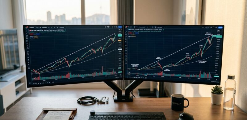 S&P500 나스닥100 수익 비교 데이터를 보여주는 화려한 주식 시장 모니터와 장기 상승 그래프