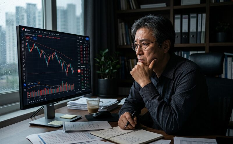 주가 지수 그래프를 심각하게 바라보며 투자 심리를 다스리는 투자자의 모습