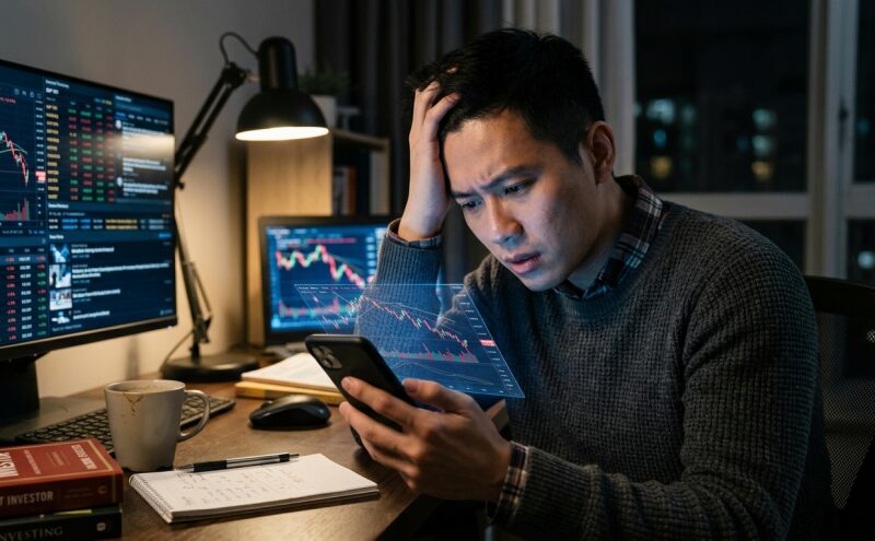 경제 뉴스 헤드라인을 확인하며 고민에 빠진 투자자의 모습
